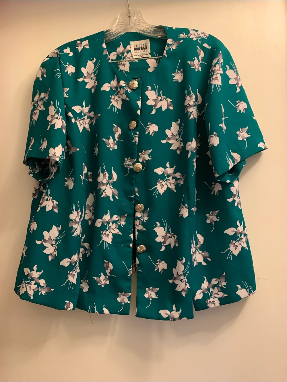 Leslie Fay Teal Floral Short Sleeve Blouse